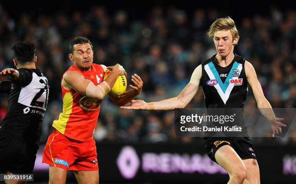 Jarrod Harbrow of the Suns marks the ball during the round 23 AFL match between the Port Adelaide Power and the Gold Coast Suns at Adelaide Oval on...