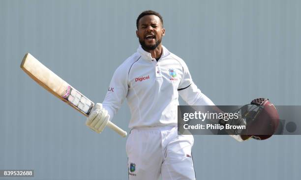 Shai Hope of the West Indies celebrates after completing his century during the second day of the 2nd Investec Test match between England and the...