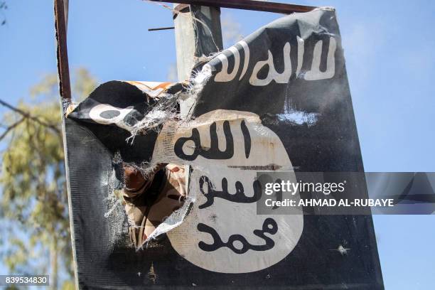 Member of Hashed Al-Shaabi removes a sign on a lamp post bearing the logo of the Islamic State group as Iraqi forces advance inside the town of Tal...