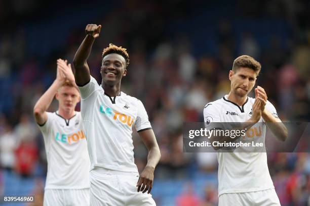 Tammy Abraham of Swansea City and Federico Fernandez of Swansea City show appreciation to the fans after the Premier League match between Crystal...