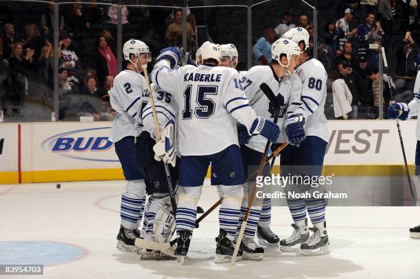 The Toronto Maple Leafs celebrate a goal against the Los Angeles Kings during the game on December 1, 2008 at Staples Center in Los Angeles,...