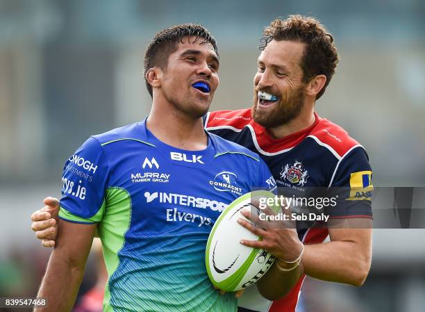 Galway , Ireland - 26 August 2017; Jarrad Butler of Connacht and Luke Morahan of Bristol during the Pre-season Friendly match between Connacht and...