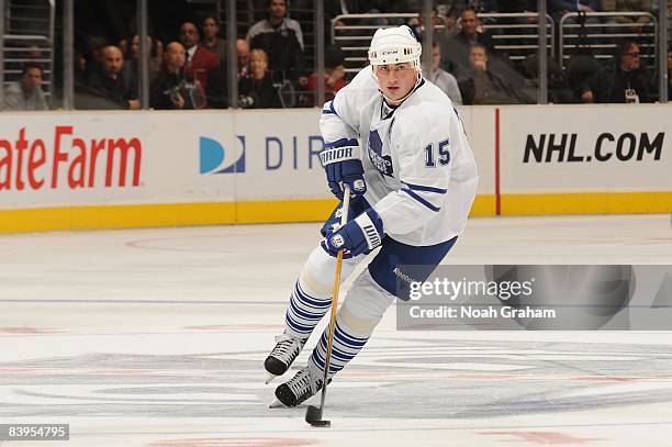 Tomas Kaberle of the Toronto Maple Leafs handles the puck against the Los Angeles Kings during the game on December 1, 2008 at Staples Center in Los...