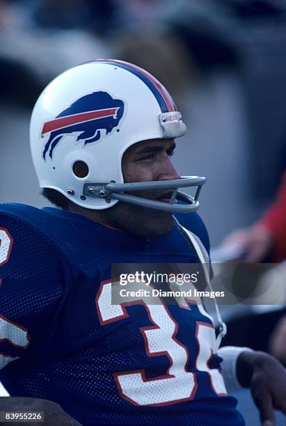 Runningback O.J. Simpson of the Buffalo Bills watches the action from the sidelines during a game October 5, 1975 against the Denver Broncos at Rich...