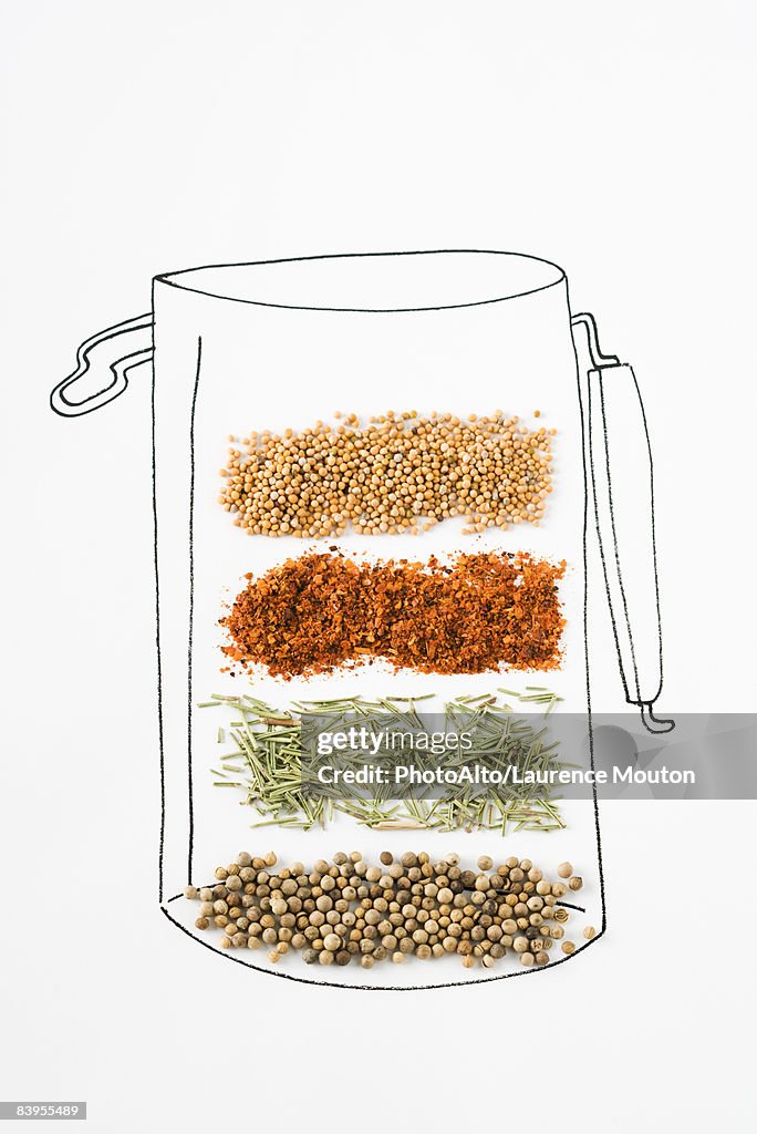 Assorted spices on drawing of canister