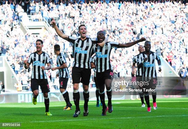 Ciaran Clark of Newcastle United celebrates after scoring Newcastle's second goal during the Premier League Match between Newcastle United and West...