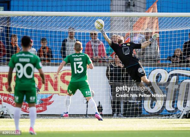 Johan Wiland, goalkeeper of Hammarby IF makes a save during the Allsvenskan match between Athletic FC Eskilstuna and Hammarby IF on August 26, 2017...