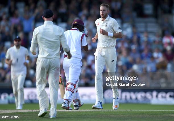 Stuart Broad of England celebrates dismissing Kraigg Brathwaite of England during day two of the 2nd Investec Test between England and the West...