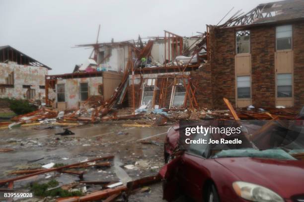 Destroyed apartment complex is seen after Hurricane Harvey passed through on August 26, 2017 in Rockport, Texas. Harvey made landfall shortly after...