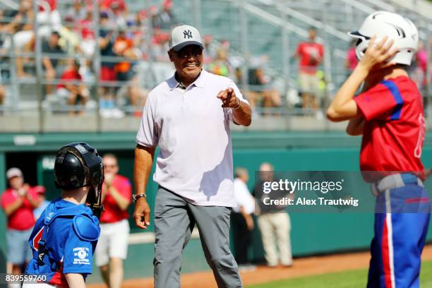 Hall of Fame Reggie Jackson smiles during the 2017 Little League World Series Challenger Division game at Volunteer Stadium on Saturday, August 26,...