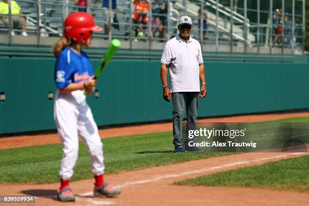 Hall of Fame Reggie Jackson looks on during the 2017 Little League World Series Challenger Division game at Volunteer Stadium on Saturday, August 26,...