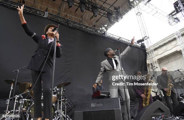 Pauline Black and Arthur 'Gaps' Hendrickson of The Selecter perform during the "From Boston to Berkeley" tour at University of California, Berkeley...