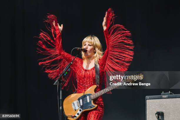 Lindsey Troy of Deap Vally performs on the main stage during day 2 at Leeds Festival at Bramhall Park on August 26, 2017 in Leeds, England.