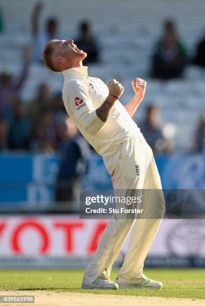 England bowler Ben Stokes celebrates after dismissing Chase during day two of the 2nd Investec Test match between England and West Indies at...