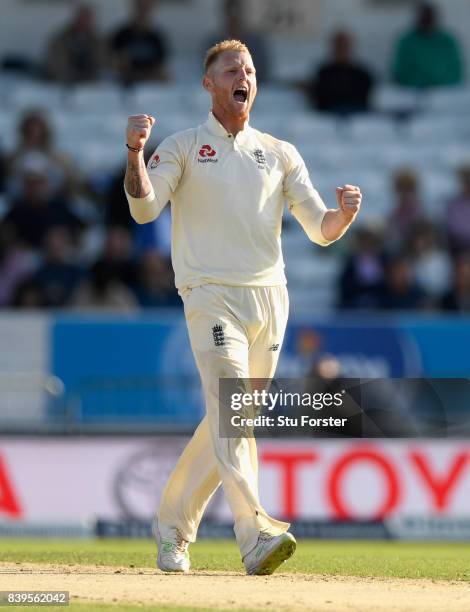 England bowler Ben Stokes celebrates after dismissing Chase during day two of the 2nd Investec Test match between England and West Indies at...