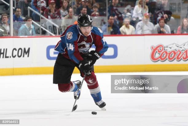 David Jones of the Colorado Avalanche skates against the Vancouver Canucks at the Pepsi Center on December 07, 2008 in Denver, Colorado. The...