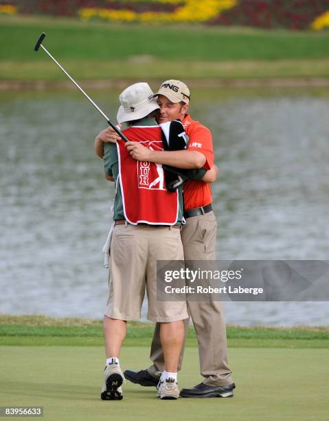 Ted Purdy celebrates a putt on the 18th hole during the final round of the 2008 PGA Tour Qualifying Tournament on December 8, 2008 at the PGA West...