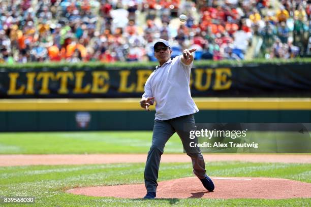 Hall of Fame Reggie Jackson throws out the ceremonial first pitch prior to the International Championship of the 2017 Little League World Series...