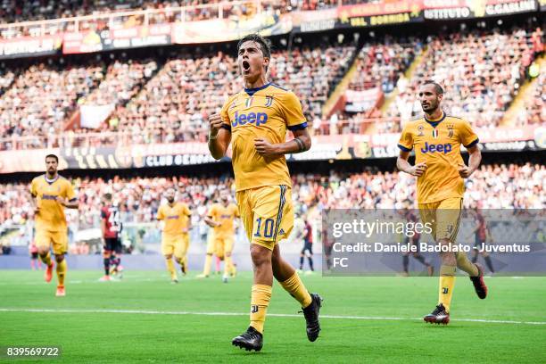 Paulo Dybala celebrates 2-2 goal during the Serie A match between Genoa CFC and Juventus at Stadio Luigi Ferraris on August 26, 2017 in Genoa, Italy.