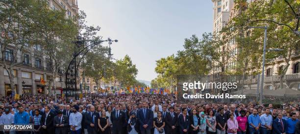King Felipe VI of Spain marches during a demonstration against the last week's terrorist attacks on August 26, 2017 in Barcelona, Spain. Hundreds of...