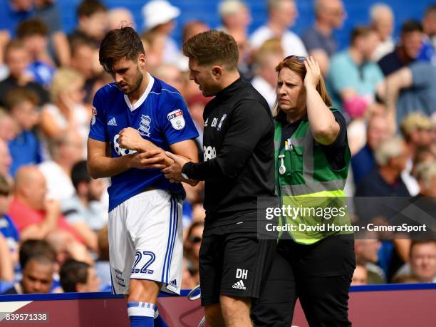 Birmingham City's Carl Jenkinson takes off due to arm injury during the Sky Bet Championship match between Birmingham City and Reading at St Andrews...