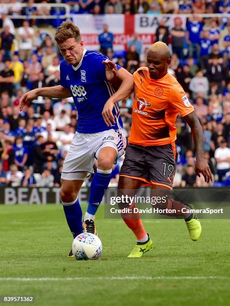 Birmingham City's Sam Gallagher battles with Reading's Leandro Bacuna during the Sky Bet Championship match between Birmingham City and Reading at St...