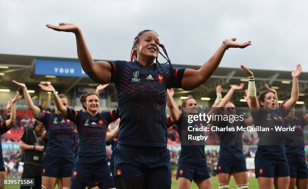 France players celebrate after winning the Women's Rugby World Cup 2017 Third Place Match between France and The USA on August 26, 2017 in Belfast,...