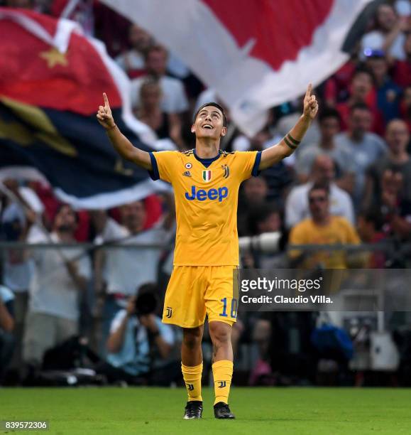 Paulo Dybala of Juventus FC celebrates after scoring the fourth goal during the Serie A match between Genoa CFC and Juventus at Stadio Luigi Ferraris...