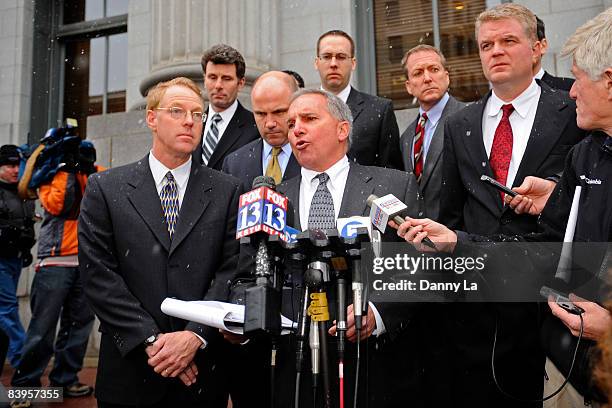 Attorneys for the five men accused of killing 14 Iraqis civilians while working for Blackwater Worldwide, make a statement to the media regarding...