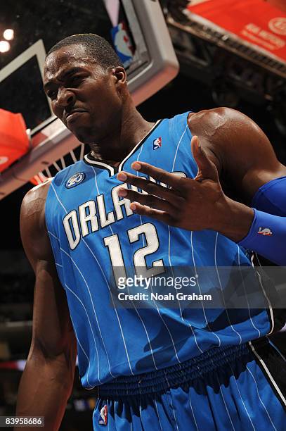 Dwight Howard of the Orlando Magic reacts during the game against the Los Angeles Clippers at Staples Center on December 8, 2008 in Los Angeles,...