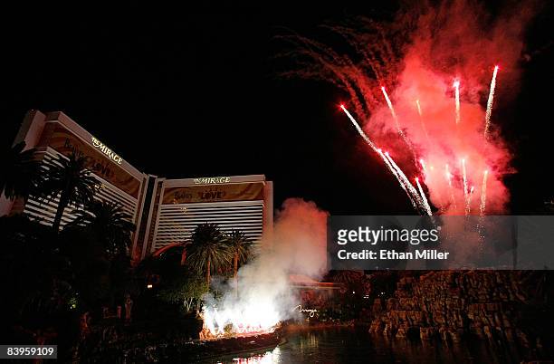 Fireworks erupt from the newly-redesigned volcano attraction in front of The Mirage Hotel & Casino December 8, 2008 in Las Vegas, Nevada. The $25...
