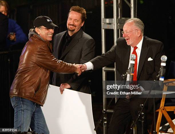 Grateful Dead drummer Mickey Hart, comic ventriloquist and impressionist Terry Fator and Las Vegas Mayor Oscar Goodman appear at the debut of the...