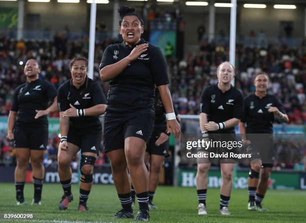 Te Kuru Ngata-Aerengamate of New Zealand leads the Haka ahead of the Women's Rugby World Cup 2017 Final between England and New Zealand on August 26,...