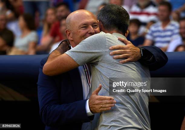 Levante UD manager Juan Ramon Lopez Muniz greets Deportivo de La Coruna manager Pepe Mel prior to the the La Liga match between Levante and Deportivo...