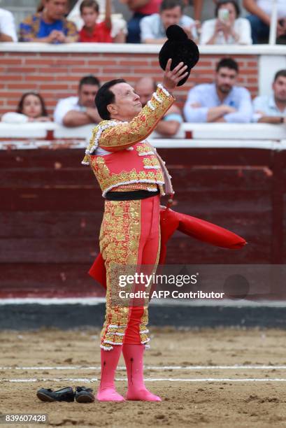 Spanish matador Jose Ortega Cano dedicates his bullfight to his friend, Spanish matador Damaso Gonzalez, who died today, during the Feria de Remedios...