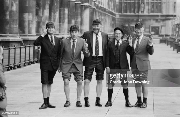 Five famous former Boy Scouts, 1982. From left to right, actor Derek Nimmo , comedian Frankie Howerd , botanist David Bellamy, racing driver Stirling...