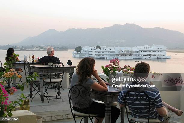 General view from the White Taj Lake Palace, a luxury hotel made of marble and well known as Monsunpalace in the James Bond 007 Film Octopussy and...