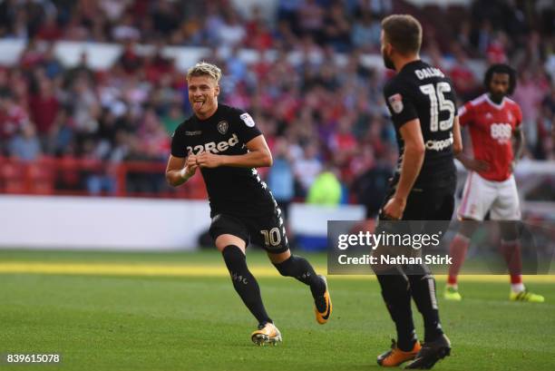 Ezgjan Aliosk of Leeds United celebrates after scoring during the Sky Bet Championship match between Nottingham Forest and Leeds United at City...