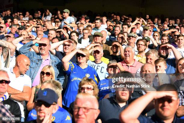 Leeds fans look on during the Sky Bet Championship match between Nottingham Forest and Leeds United at City Ground on August 26, 2017 in Nottingham,...