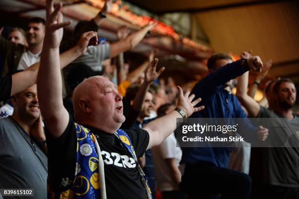 Leeds United fan sings during the Sky Bet Championship match between Nottingham Forest and Leeds United at City Ground on August 26, 2017 in...