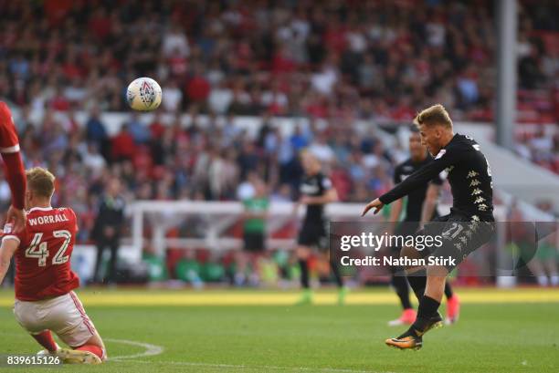 Samuel Saiz of Leeds United scores the second goal of the game during the Sky Bet Championship match between Nottingham Forest and Leeds United at...