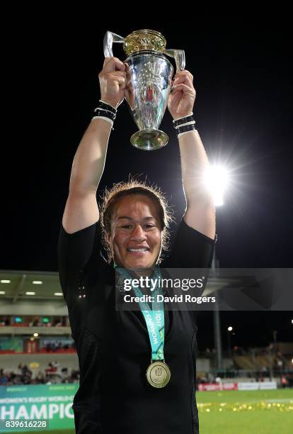 Fiao'o Faamausili of New Zealand celebrates with the trophy following the Women's Rugby World Cup 2017 Final between England and New Zealand on...