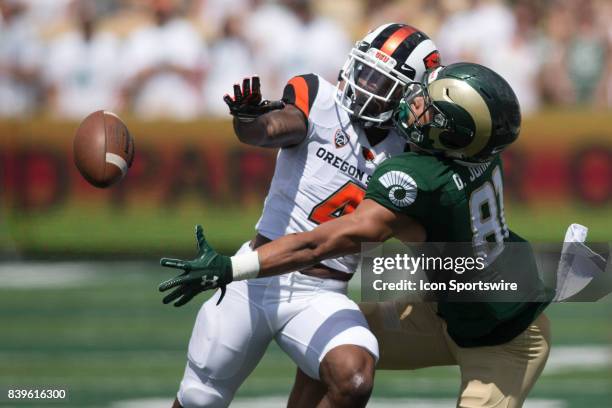 Oregon State defender Dwayne Williams breaks up a pass intended for Colorado State wide receiver Olabisi Johnson during the Oregon State vs. Colorado...