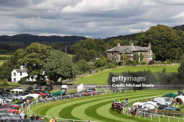 General view of the field during the Hadwins Motor Group TBA Mares' Handicap Hurdle Race at Cartmel Racecourse on August 26, 2017 in Cartmel, Cumbria.