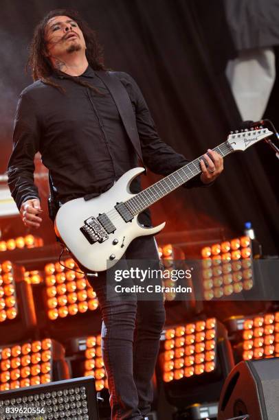 James Shaffer of Korn performs on stage during Day 2 of the Reading Festival at Richfield Avenue on August 26, 2017 in Reading, England.