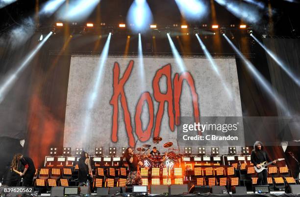 Brian Welch, Reginald Arvizu, Johnathan Davis, Ray Luzier and James Shaffer of Korn perform on stage during Day 2 of the Reading Festival at...