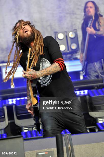Brian Welch of Korn performs on stage during Day 2 of the Reading Festival at Richfield Avenue on August 26, 2017 in Reading, England.