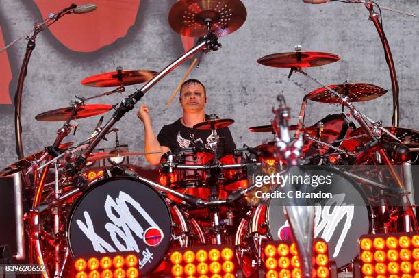 Ray Luzier of Korn performs on stage during Day 2 of the Reading Festival at Richfield Avenue on August 26, 2017 in Reading, England.