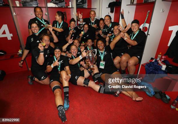 New Zealand players celebrate in the dressing room following the Women's Rugby World Cup 2017 Final between England and New Zealand on August 26,...