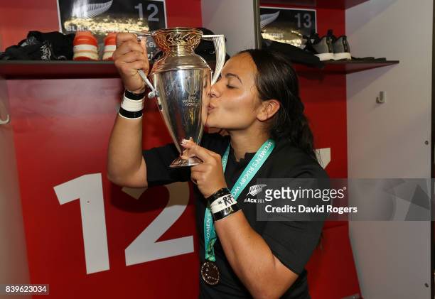 Stacey Waaka of New Zealand celebrates with the trophy following the Women's Rugby World Cup 2017 Final between England and New Zealand on August 26,...